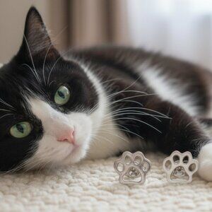 Silver Tone Paw Print Stud Earrings Stainless Steel Hypoallergenic Dog Cat